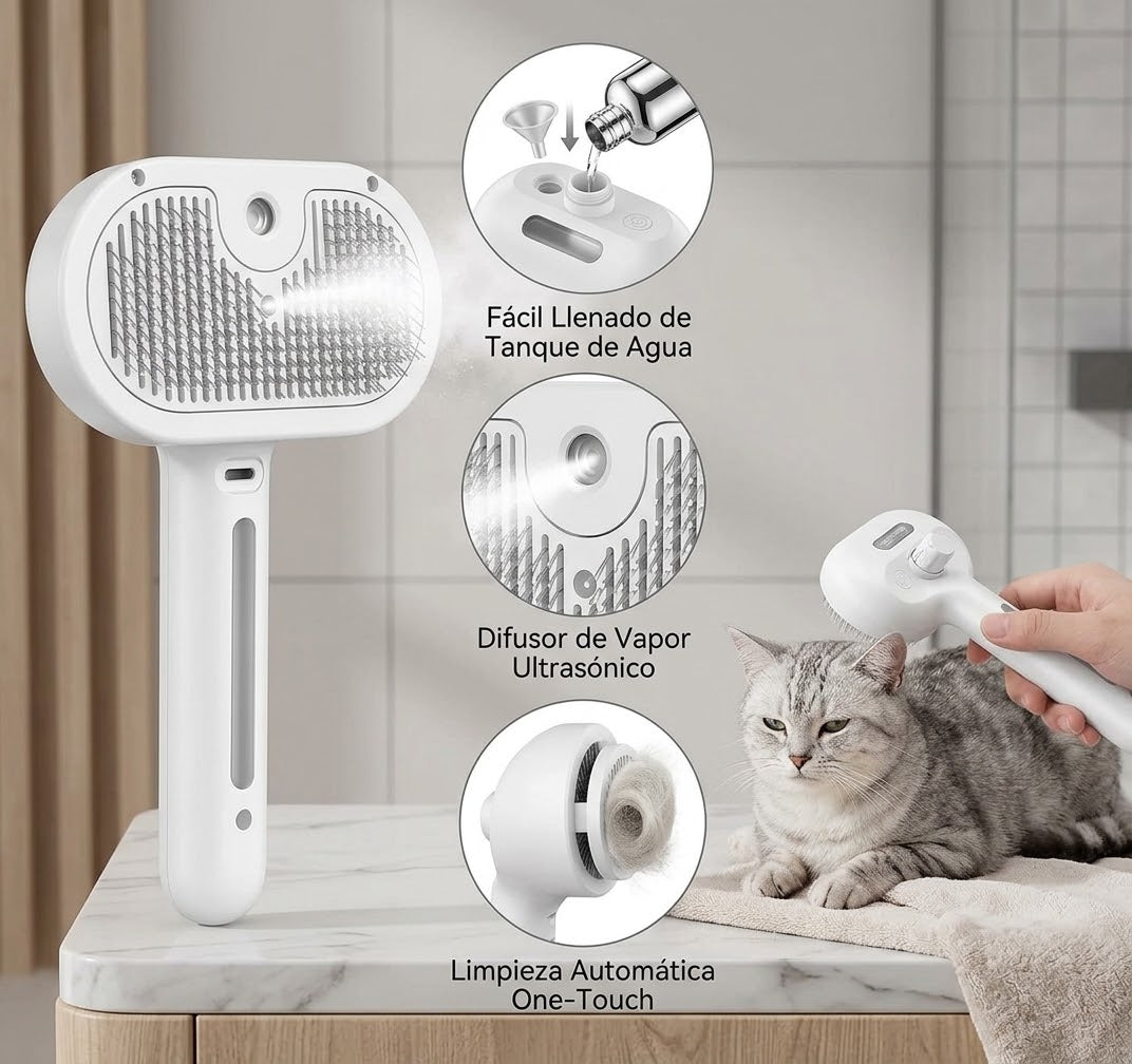 Cepillo de Vapor para Mascotas - Limpieza Suave sin Estrés