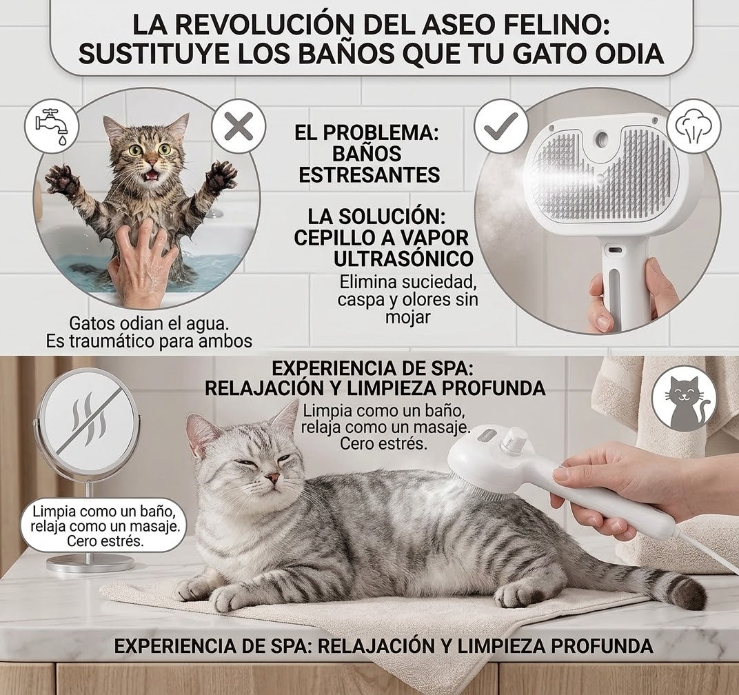 Cepillo de Vapor para Mascotas - Limpieza Suave sin Estrés